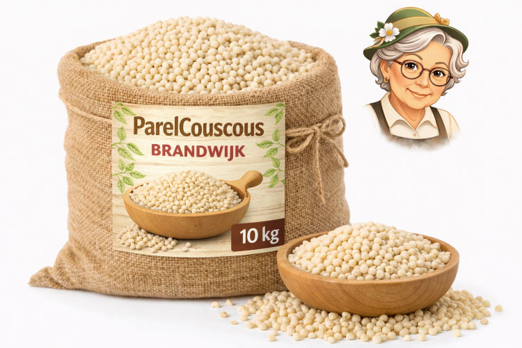 Parel couscous Brandwijk 10kg – jute zak Parel couscous Brandwijk 10kg in jute zak met losse couscous en kom