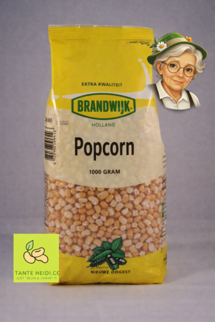Popcorn Brandwijk 1000g verpakking met Tante Heidi rechtsboven en logo linksonder