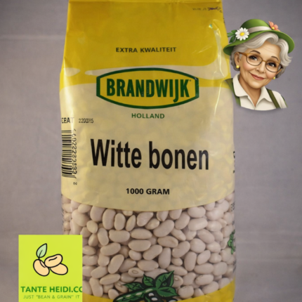 Witte bonen Brandwijk 1000g verpakking met Tante Heidi rechtsboven en logo linksonder