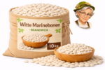 Witte marinebonen Brandwijk 10kg in jute zak met houten kom en losse bonen