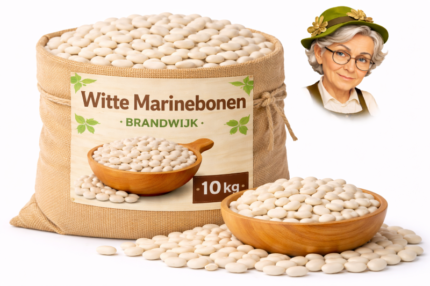 Witte marinebonen Brandwijk 10kg in jute zak met houten kom en losse bonen