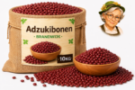 Jute zak met adzukibonen van Brandwijk 10kg, houten kom en losse bonen met Tante Heidi illustratie