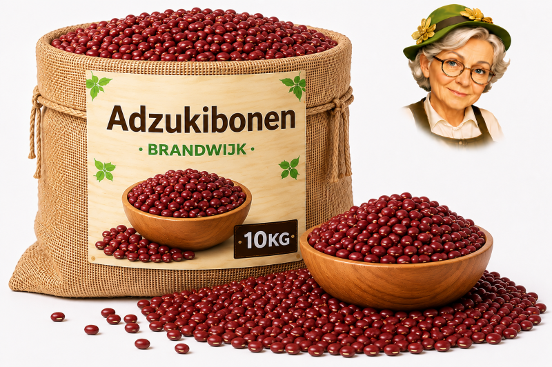 Adzukibonen 10kg Brandwijk Jute zak met adzukibonen van Brandwijk 10kg, houten kom en losse bonen met Tante Heidi illustratie
