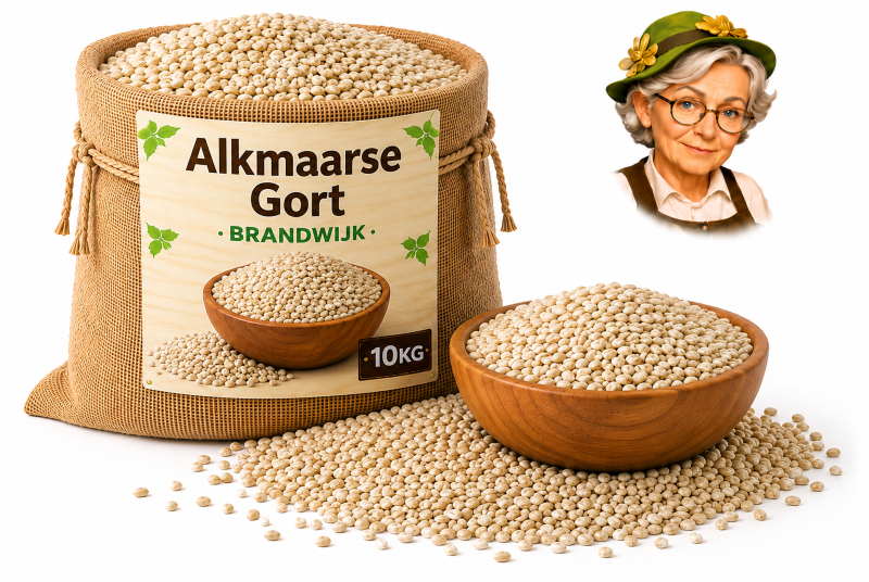 Alkmaarse Gort 10kg Brandwijk Alkmaarse gort Brandwijk 10kg in jute zak met houten kom, losse gort en Tante Heidi illustratie