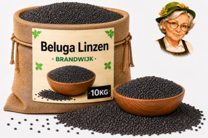 Jute zak met Beluga linzen van Brandwijk 10kg, houten kom en losse linzen met Tante Heidi illustratie
