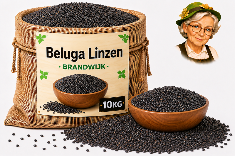 Beluga linzen 10kg Brandwijk Jute zak met Beluga linzen van Brandwijk 10kg, houten kom en losse linzen met Tante Heidi illustratie