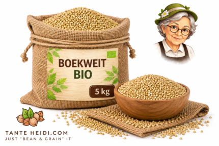 boekweit BIO 5kg in jute zak met houten schaal van Tante Heidi