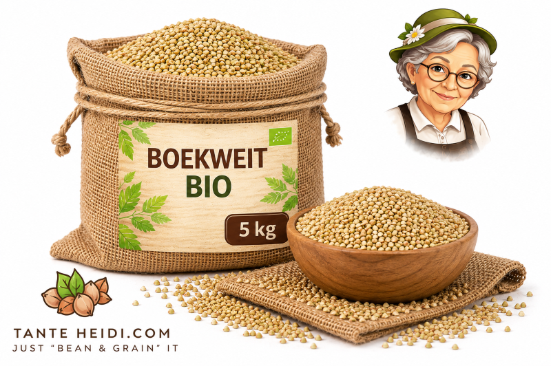 Boekweit BIO 5kg boekweit BIO 5kg in jute zak met houten schaal van Tante Heidi