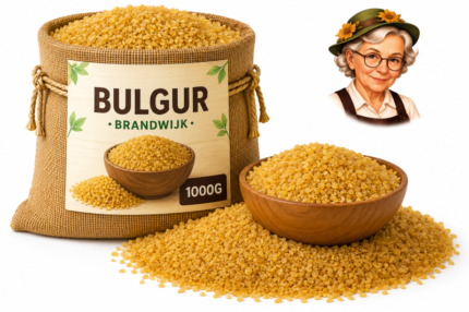 Bulgur Brandwijk 1000g in jute zak met houten kom, losse bulgur en Tante Heidi illustratie