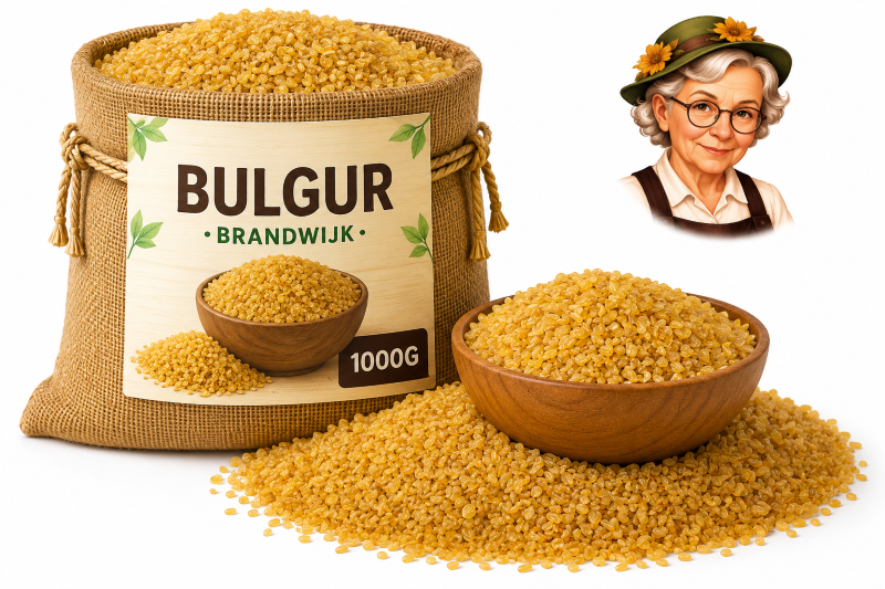 Bulgur 10kg Brandwijk Bulgur Brandwijk 1000g in jute zak met houten kom, losse bulgur en Tante Heidi illustratie