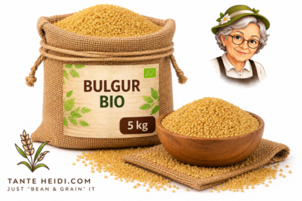 bulgur BIO 5kg in jute zak met houten schaal van Tante Heidi