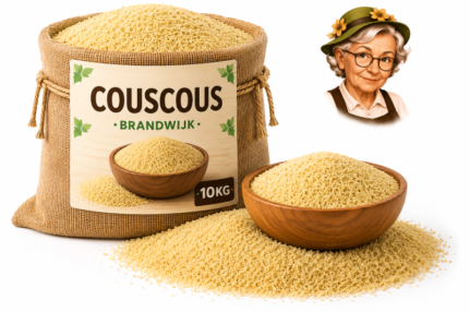 Couscous Brandwijk 10kg in jute zak met houten kom, losse couscous en Tante Heidi illustratie