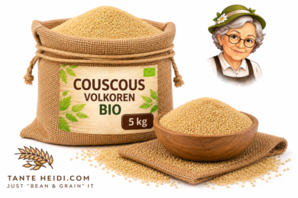 couscous volkoren BIO 5kg in jute zak met houten schaal van Tante Heidi
