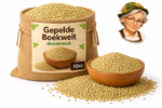 Gepelde boekweit Brandwijk 10kg in jute baal met houten kom en Tante Heidi illustratie