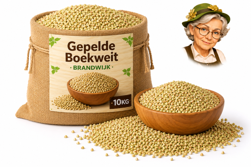 Gepelde boekweit 10kg Brandwijk Gepelde boekweit Brandwijk 10kg in jute baal met houten kom en Tante Heidi illustratie