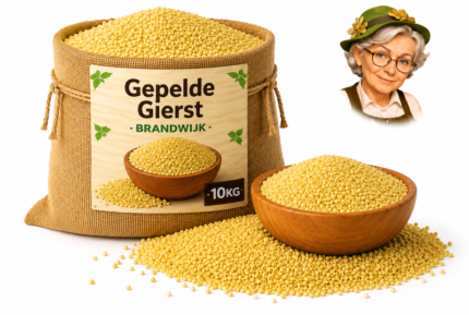 Gepelde gierst Brandwijk 10kg in jute baal met houten kom en Tante Heidi illustratie