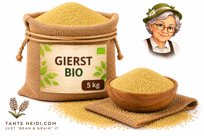 Gierst BIO 5kg gierst BIO 5kg in jute zak met houten schaal van Tante Heidi