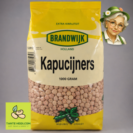 Kapucijners Brandwijk 1000g met Tante Heidi logo en illustratie