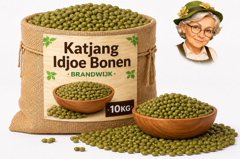 Katjang Idjoe 10kg Brandwijk Jute zak met Katjang Idjoe bonen van Brandwijk 10kg, houten kom en losse mungbonen met Tante Heidi illustratie