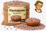 Jute zak met kievitsbonen van Brandwijk 10kg, houten kom en losse bonen met Tante Heidi illustratie