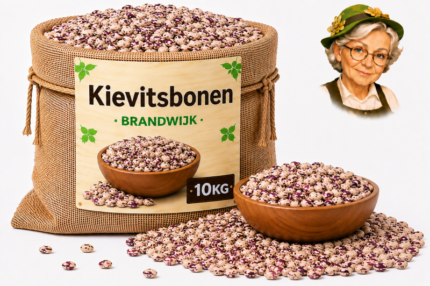 Jute zak met kievitsbonen van Brandwijk 10kg, houten kom en losse bonen met Tante Heidi illustratie