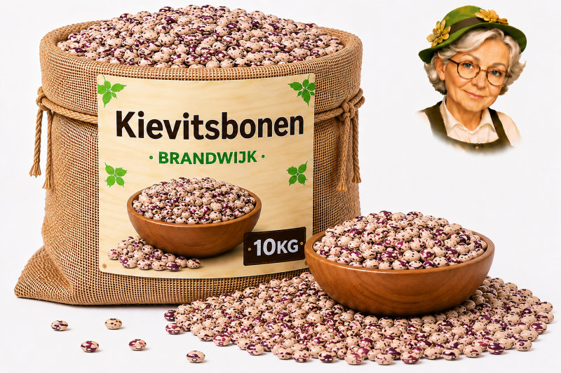 Kievitsbonen Brandwijk 10kg Jute zak met kievitsbonen van Brandwijk 10kg, houten kom en losse bonen met Tante Heidi illustratie