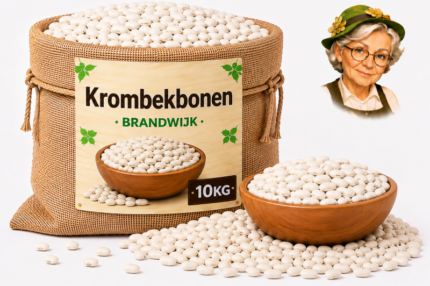 Jute zak met krombekbonen van Brandwijk 10kg, houten kom en losse bonen met Tante Heidi illustratie