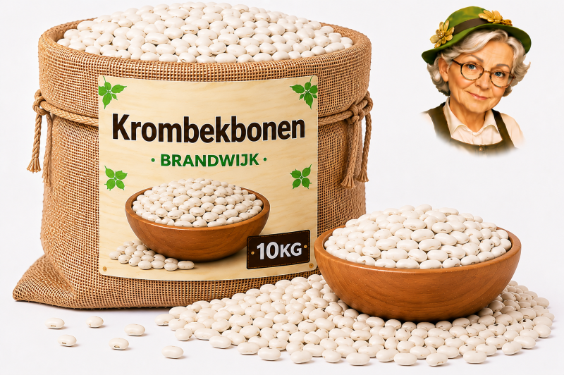Krombekken 10kg Brandwijk Jute zak met krombekbonen van Brandwijk 10kg, houten kom en losse bonen met Tante Heidi illustratie