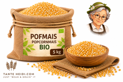 pofmais popcornmais BIO 5kg in jute zak met houten schaal van Tante Heidi