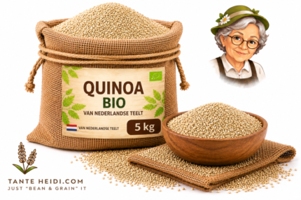 quinoa BIO 5kg van Nederlandse teelt in jute zak met houten schaal