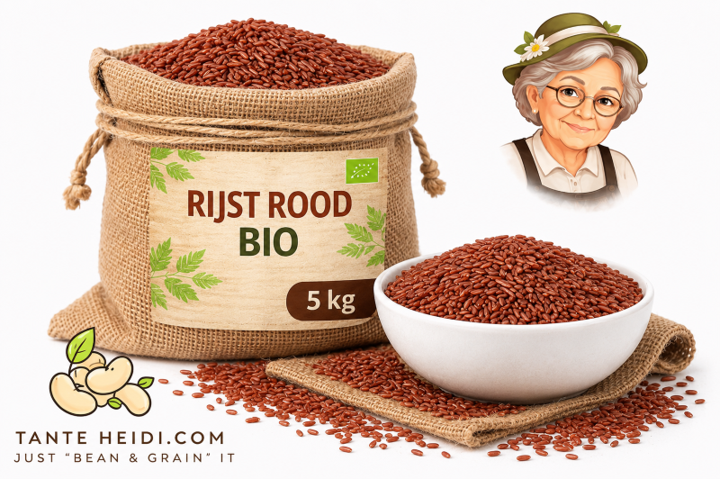 Rijst rood BIO 5kg rode rijst BIO 5kg in jute zak met schaal rode rijst van Tante Heidi