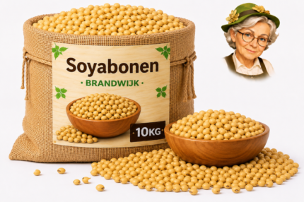 Jute zak met soyabonen van Brandwijk 10kg, houten kom en losse bonen met Tante Heidi illustratie