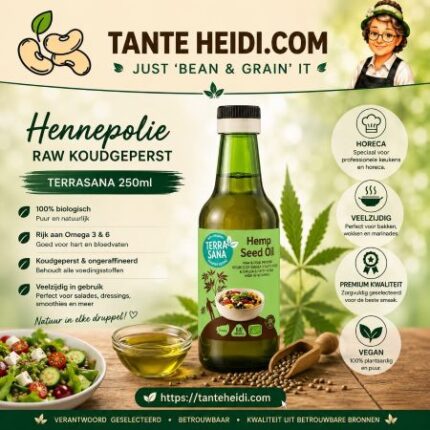 Terrasana koudgeperste hennepolie met natuurlijke, nootachtige smaak voor salades, dressings en koude gerechten.