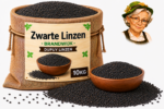 Jute zak met zwarte Dupuy linzen van Brandwijk 10kg, houten kom en losse linzen met Tante Heidi illustratie