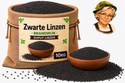 Jute zak met zwarte Dupuy linzen van Brandwijk 10kg, houten kom en losse linzen met Tante Heidi illustratie