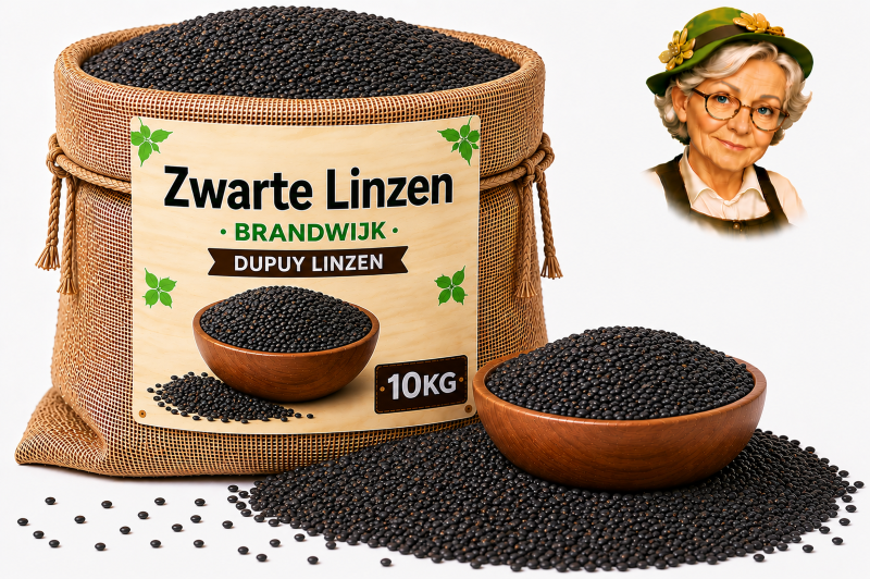 Zwarte linzen Dupuy 10kg Brandwijk Jute zak met zwarte Dupuy linzen van Brandwijk 10kg, houten kom en losse linzen met Tante Heidi illustratie