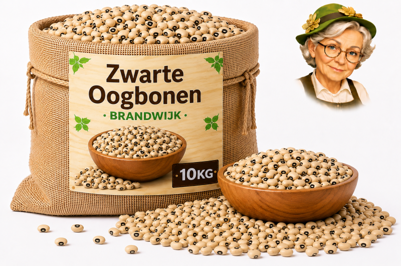 Zwarte oogbonen 10kg Brandwijk Jute zak met zwarte oogbonen van Brandwijk 10kg, houten kom en losse bonen met Tante Heidi illustratie