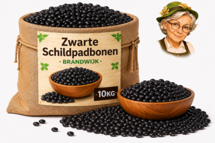 Jute zak met zwarte schildpadbonen van Brandwijk 10kg, houten kom en losse bonen met Tante Heidi illustratie