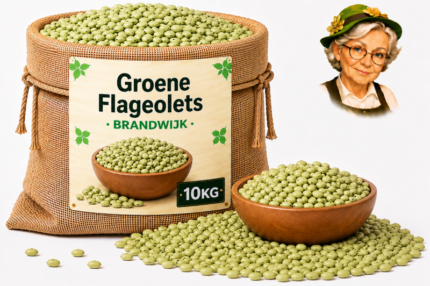 Jute zak met groene flageolets van Brandwijk 10kg, houten kom en losse bonen met Tante Heidi illustratie