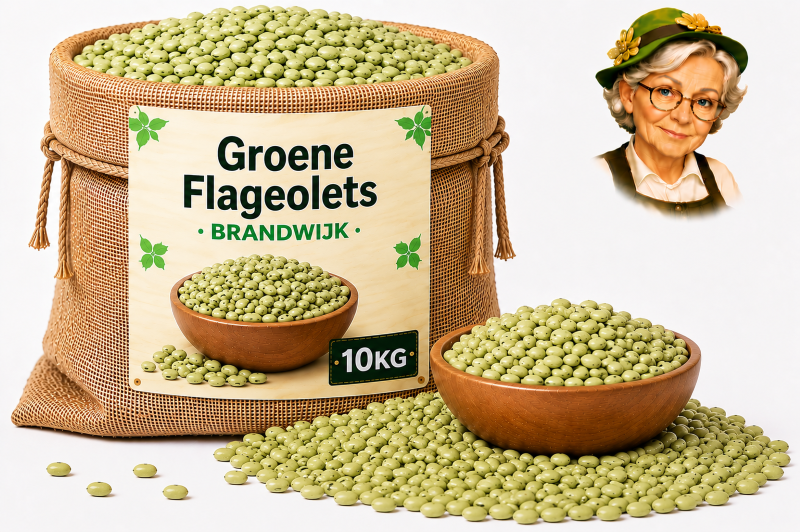 groene flageolets 10kg Brandwijk Jute zak met groene flageolets van Brandwijk 10kg, houten kom en losse bonen met Tante Heidi illustratie