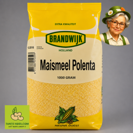 Maismeel Polenta Brandwijk 1000g met Tante Heidi logo en illustratie
