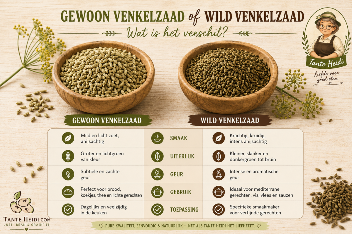 Infographic met vergelijking tussen gewoon venkelzaad en wild venkelzaad van TanteHeidi.com.