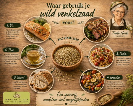 Infographic met toepassingen van wild venkelzaad voor vis, vlees, pasta, groenten, brood en thee.