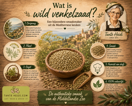 Infographic over wild venkelzaad met informatie over oorsprong, plant, oogst, smaak en toepassingen als mediterrane smaakmaker.
